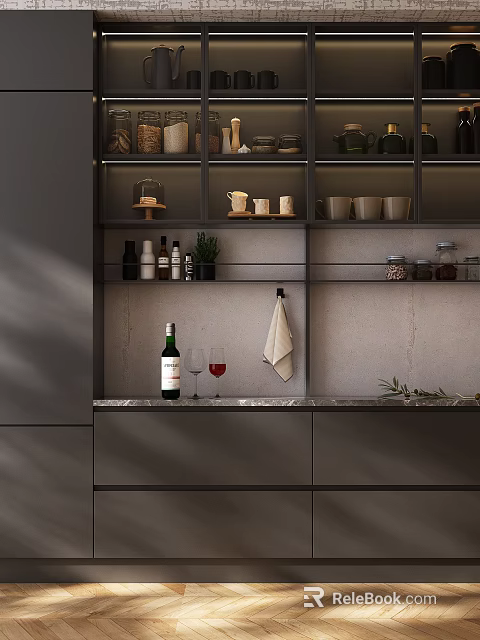 Sleek Modern Wine Cabinet Design With Marble Countertop Wine Bottles Glasses And Plants 3d model 