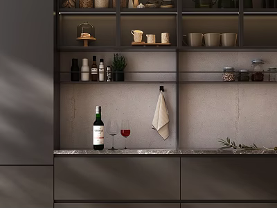Sleek Modern Wine Cabinet Design With Marble Countertop Wine Bottles Glasses And Plants 3d model
