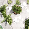 Park Landscape Design With Large Tree Circular White Seats Green Plants And Paved Ground