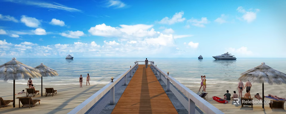 Wooden Boat Floating on Sea Near Wooden Pier with People on Beach and Blue Sky 3d model 