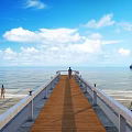Wooden Boat Floating on Sea Near Wooden Pier with People on Beach and Blue Sky