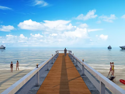 Wooden Boat Floating on Sea Near Wooden Pier with People on Beach and Blue Sky 3d model