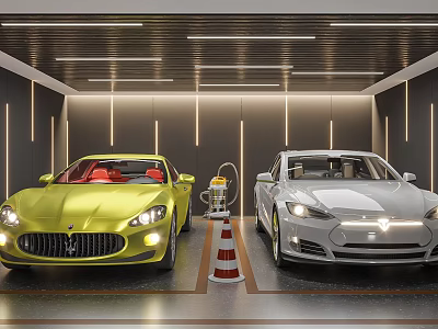 Modern Garage Interior Design With Yellow Sports Car Silver Sedan And Traffic Cone 3d model