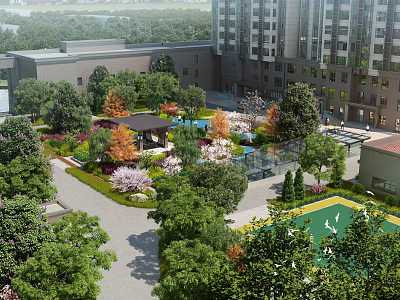 Residential Landscape With Tall Buildings Lush Greenery Garden Pavilion And Walkways 3d model