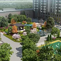 Residential Landscape With Tall Buildings Lush Greenery Garden Pavilion And Walkways