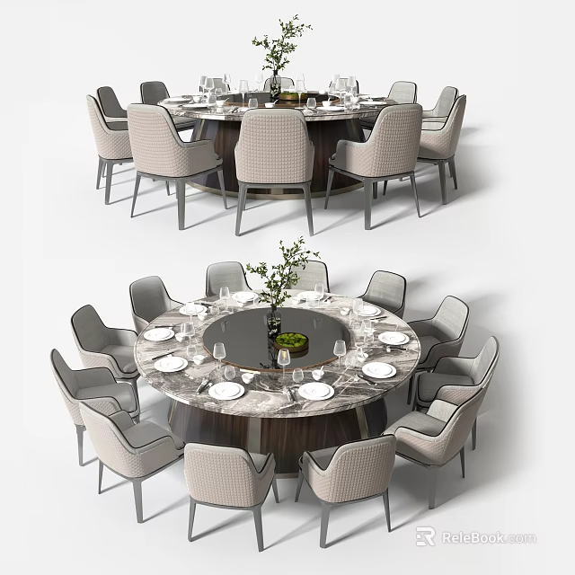 Modern Round Dining Table Set With Chairs Tableware Wine Glasses and Decorative Plant 3d model