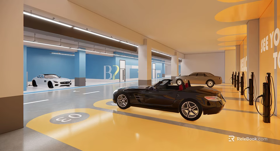 Indoor Parking Garage With B2 Level Sign Yellow Gray Flooring Blue Walls And Cars 3d model 