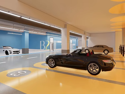 Indoor Parking Garage With B2 Level Sign Yellow Gray Flooring Blue Walls And Cars 3d model