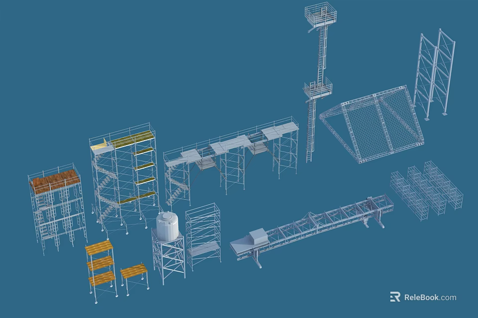 Various Construction Scaffolding Components With Metal Frames Platforms Ladders And Safety Rails 3d model