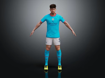 Man Wearing Blue Manchester City Jersey White Shorts Blue Socks And Yellow Cleats 3d model