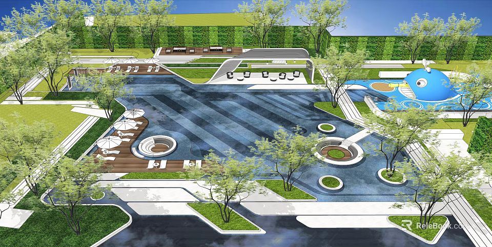 Lush Garden Landscape Design With Water Features Pathways Trees And Seating Areas 3d model 