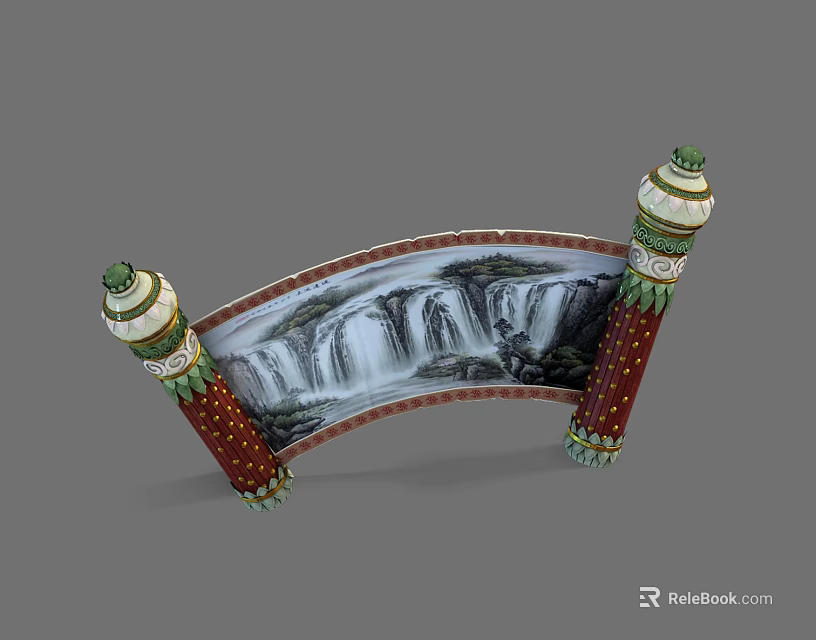 Traditional Landscape Painting With Arched Frame And Red Green Decorative Pillars Featuring Waterfall Scenery 3d model 