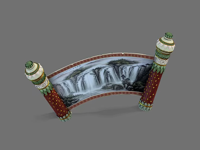 Traditional Landscape Painting With Arched Frame And Red Green Decorative Pillars Featuring Waterfall Scenery 3d model