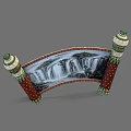 Traditional Landscape Painting With Arched Frame And Red Green Decorative Pillars Featuring Waterfall Scenery
