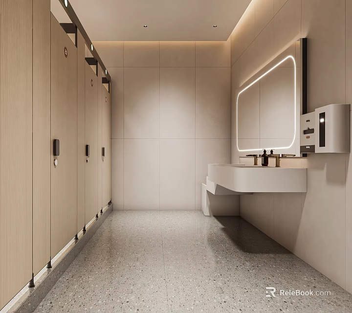 Public Restroom Modern Interior Design With Spacious Clean Stalls Sink Mirror And Tidy Environment 3d model 