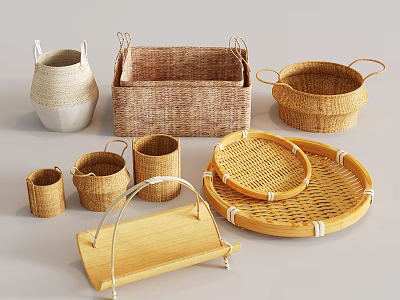 Handmade Woven Bamboo Storage Baskets Trays And Decorative Home Items 3d model