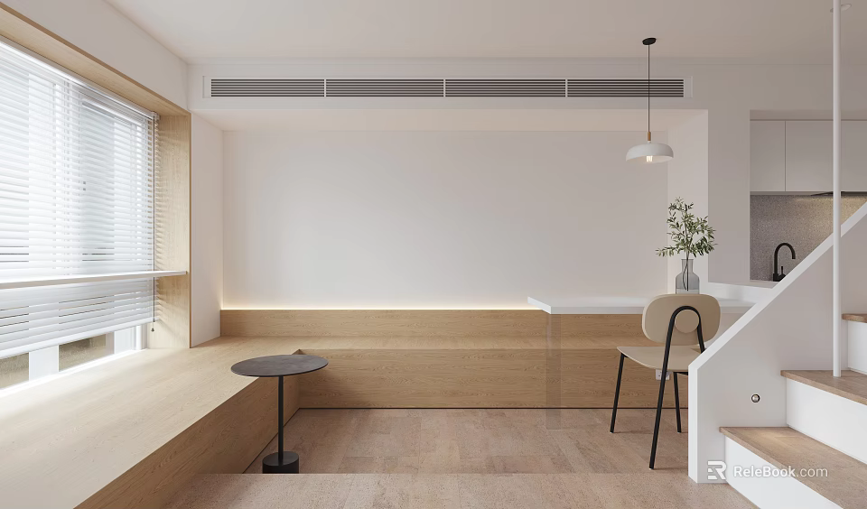 Modern Minimalist Apartment Interior with Wooden Bench Window Blinds Round Side Table and Chair 3d model 