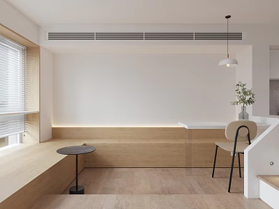 Modern Minimalist Apartment Interior with Wooden Bench Window Blinds Round Side Table and Chair 3d model