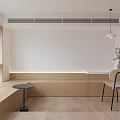 Modern Minimalist Apartment Interior with Wooden Bench Window Blinds Round Side Table and Chair