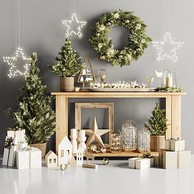 Christmas Decorations Display With Trees Wreath Star Lights And Gift Boxes On Wooden Shelf 3d model