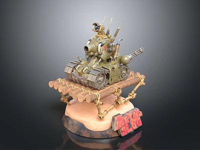 Detailed Decorative Tank Model On Wooden Base With Ropes Shells And Red Characters 3d model