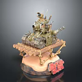 Detailed Decorative Tank Model On Wooden Base With Ropes Shells And Red Characters