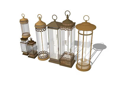 Candle Lanterns Assorted Styles with Metal Frame Glass Panels and Vintage Decorative Handle 3d model