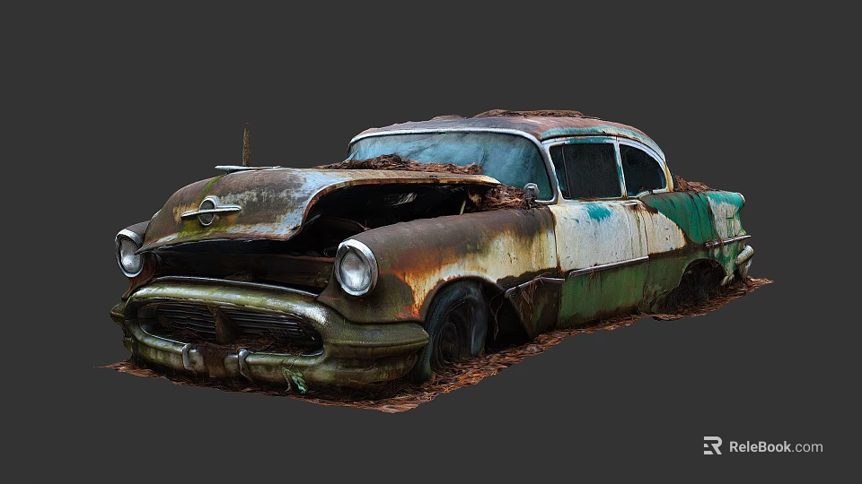Classic Rusty Abandoned Car With Green White Patches And Damaged Roof 3d model 