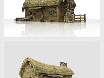 Traditional Thatched Cottage With Stone Walls Wooden Door Round Windows And Wooden Fence 3d model