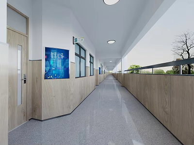 School Corridor With White Walls Wooden Panels Blue Poster Windows And Trees Outside 3d model