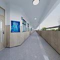 School Corridor With White Walls Wooden Panels Blue Poster Windows And Trees Outside