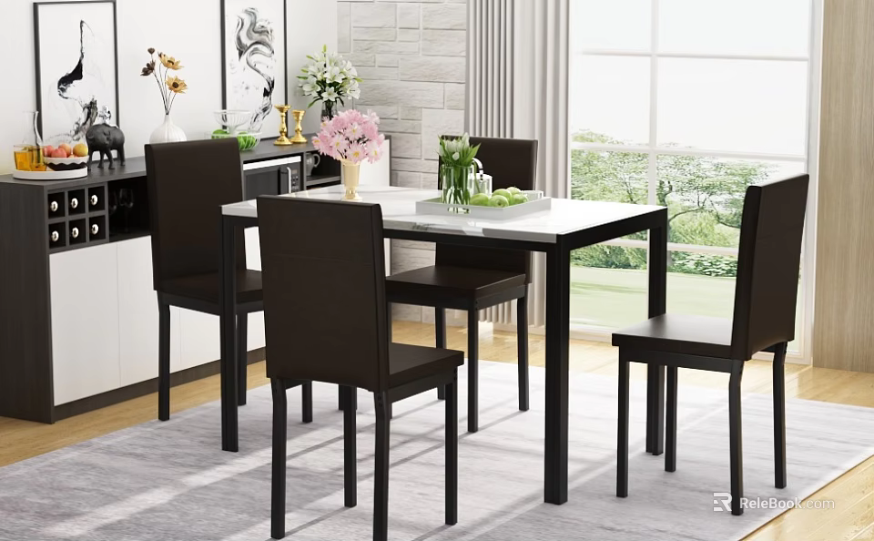 Modern Restaurant Interior With Dining Table Black Chairs Window And Decorative Plants 3d model