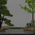 Circular Landscape Seats Around Trees With Green Plants And Pebble Ground