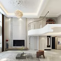 Contemporary Duplex Living Room Design With Staircase Sofa And Chandelier Display Cabinet