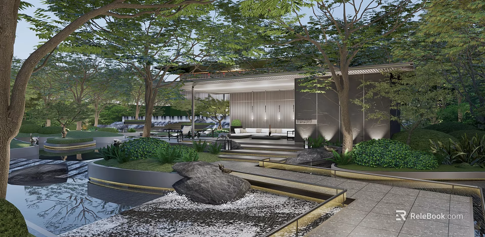 Tranquil Garden Landscape With Modern Pavilion Lush Trees Water Features And Rocks 3d model 