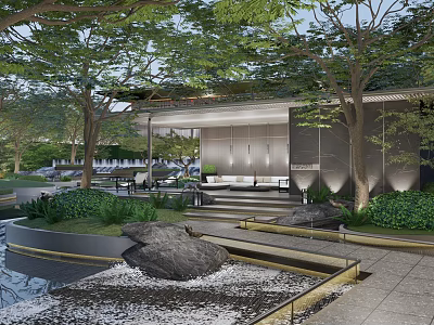 Tranquil Garden Landscape With Modern Pavilion Lush Trees Water Features And Rocks 3d model