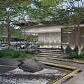 Tranquil Garden Landscape With Modern Pavilion Lush Trees Water Features And Rocks