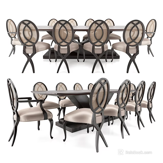 Modern Dining Table Set With Woven Back Chairs And Black Metal Legs 3d model 