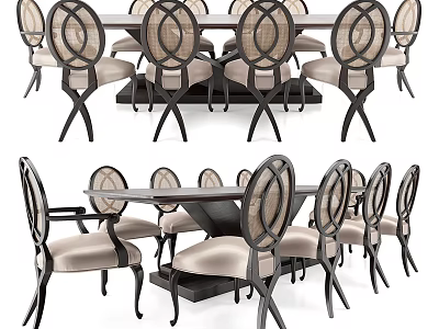 Modern Dining Table Set With Woven Back Chairs And Black Metal Legs 3d model