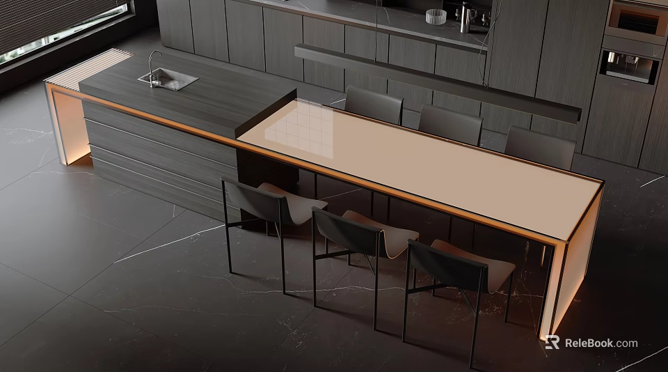Modern Bar Counter With Light Countertop Black Chairs And Dark Cabinets Interior 3d model 