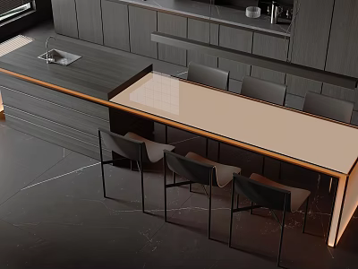 Modern Bar Counter With Light Countertop Black Chairs And Dark Cabinets Interior 3d model
