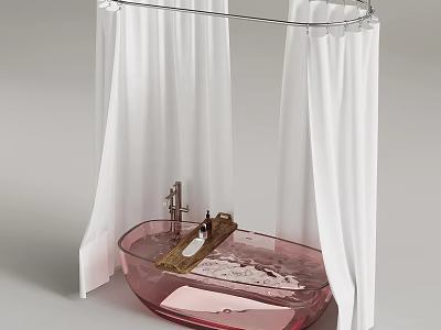 Pink Bathtub With Wooden Platform And White Shower Curtains In Modern Bathroom 3d model