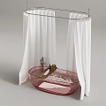 Pink Bathtub With Wooden Platform And White Shower Curtains In Modern Bathroom