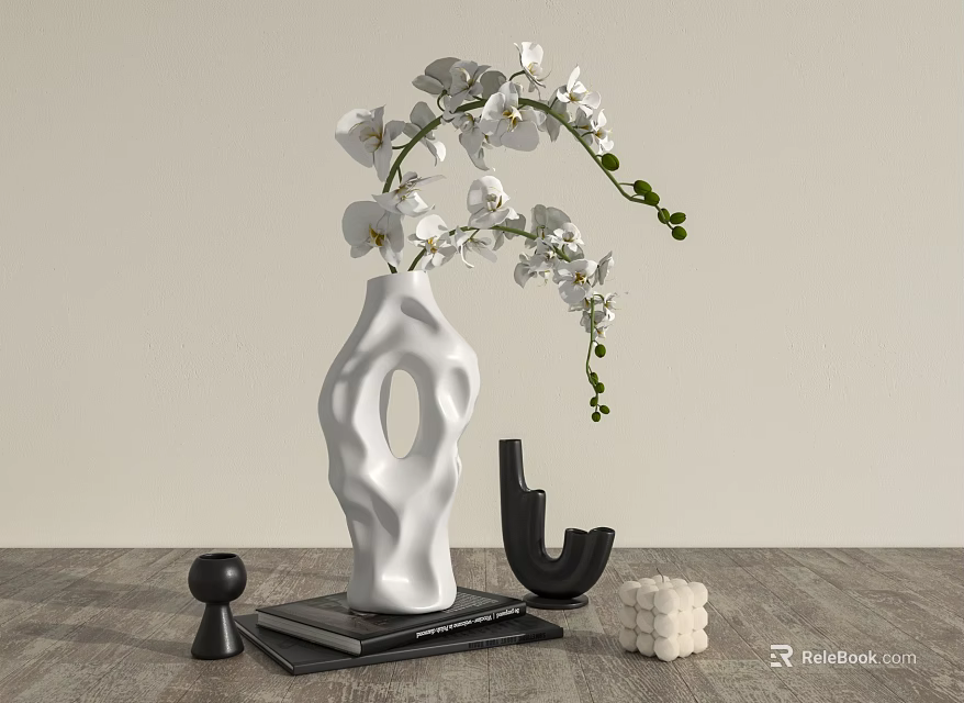 Modern Decorative Ornament Set With White Vase White Orchids And Black Accents On Wooden Tabletop 3d model 
