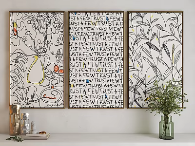 Modern Wall Art Decor Featuring Text Paintings Plant Designs And Shelf Decorations 3d model