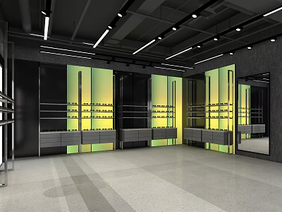 Modern Retail Display Space With Black Cabinets Yellow Green Lighting And Mirror Reflections 3d model