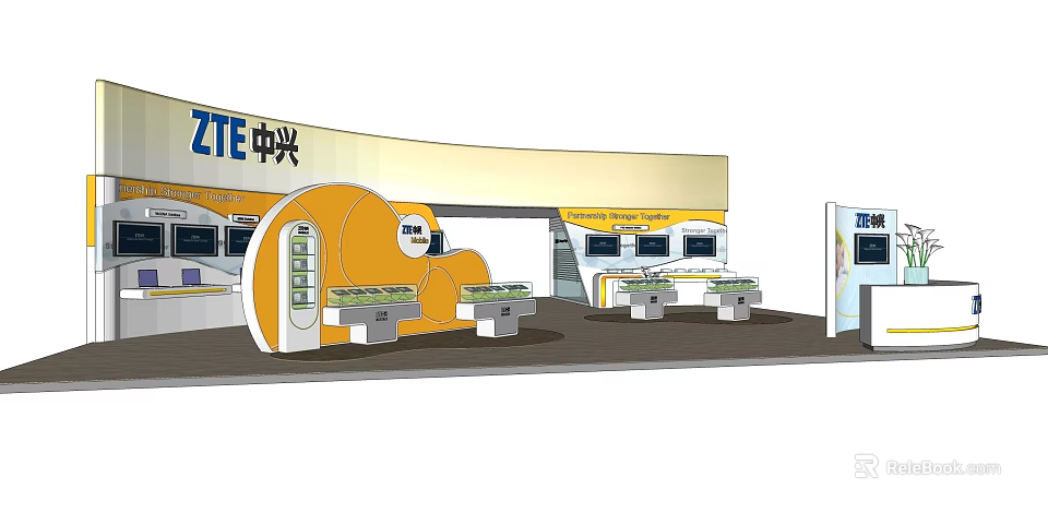 ZTE Exhibition Booth Design With Curved Yellow White Structure And Display Areas 3d model 