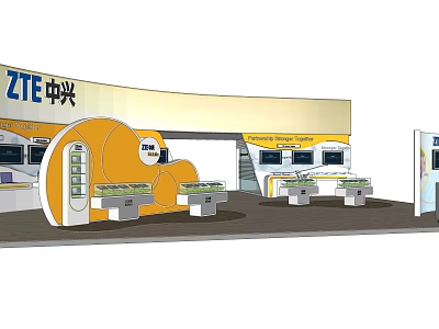 ZTE Exhibition Booth Design With Curved Yellow White Structure And Display Areas 3d model