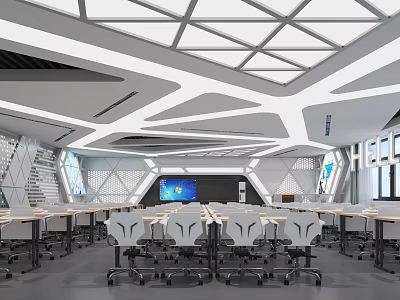 Modern School Classroom With Geometric Ceiling White Desks Chairs And Digital Screen 3d model