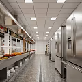 Commercial Restaurant Kitchen Interior With Stainless Steel Worktables Tiled Walls And Ceiling Lights